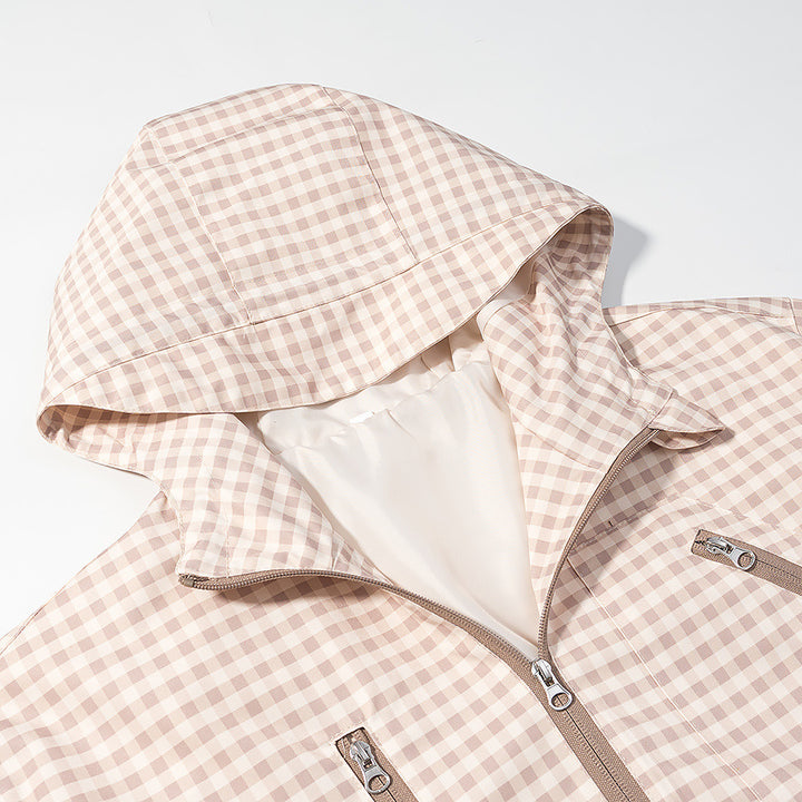 Women's Lightweight Checkered Hooded Jacket with Drawstring and Zipper Pockets Mune Fashion