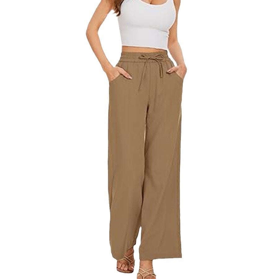 Women's wide linen pants with high elastic waistband, drawstring, and side pockets Mune Fashion