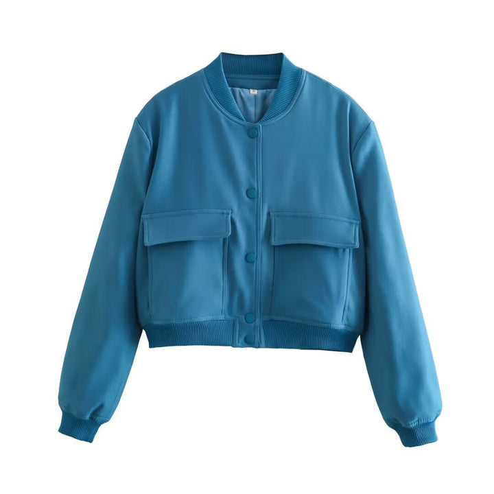 Women's short-cut bomber jacket with animal print, ribbed cuffs, patch pockets, and snap button closure Mune Fashion