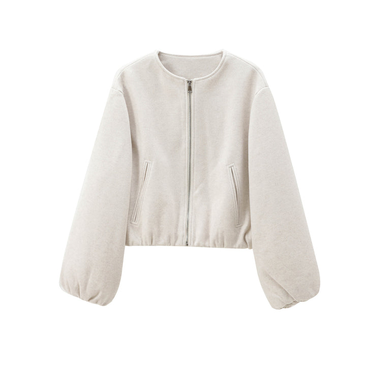 Women Short Bomber Jacket with Round Neck, Zipper and Elastic Hem Mune Fashion