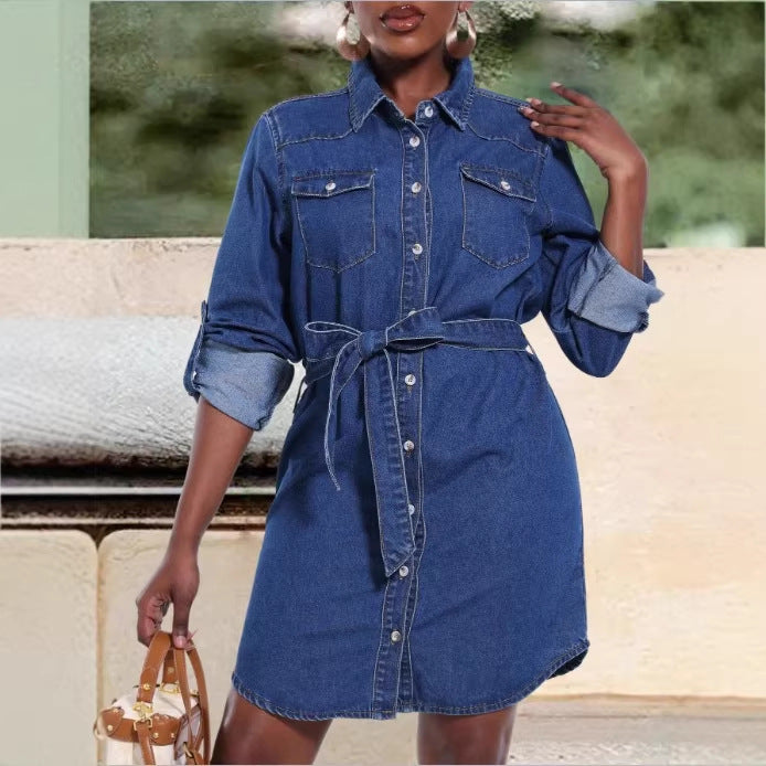 Women's denim shirt dress with waist belt and patch breast pockets Mune Fashion