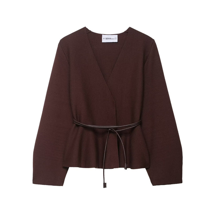 Women's Crossed Knit Cardigan with Waistband and Kimono Sleeves Mune Fashion