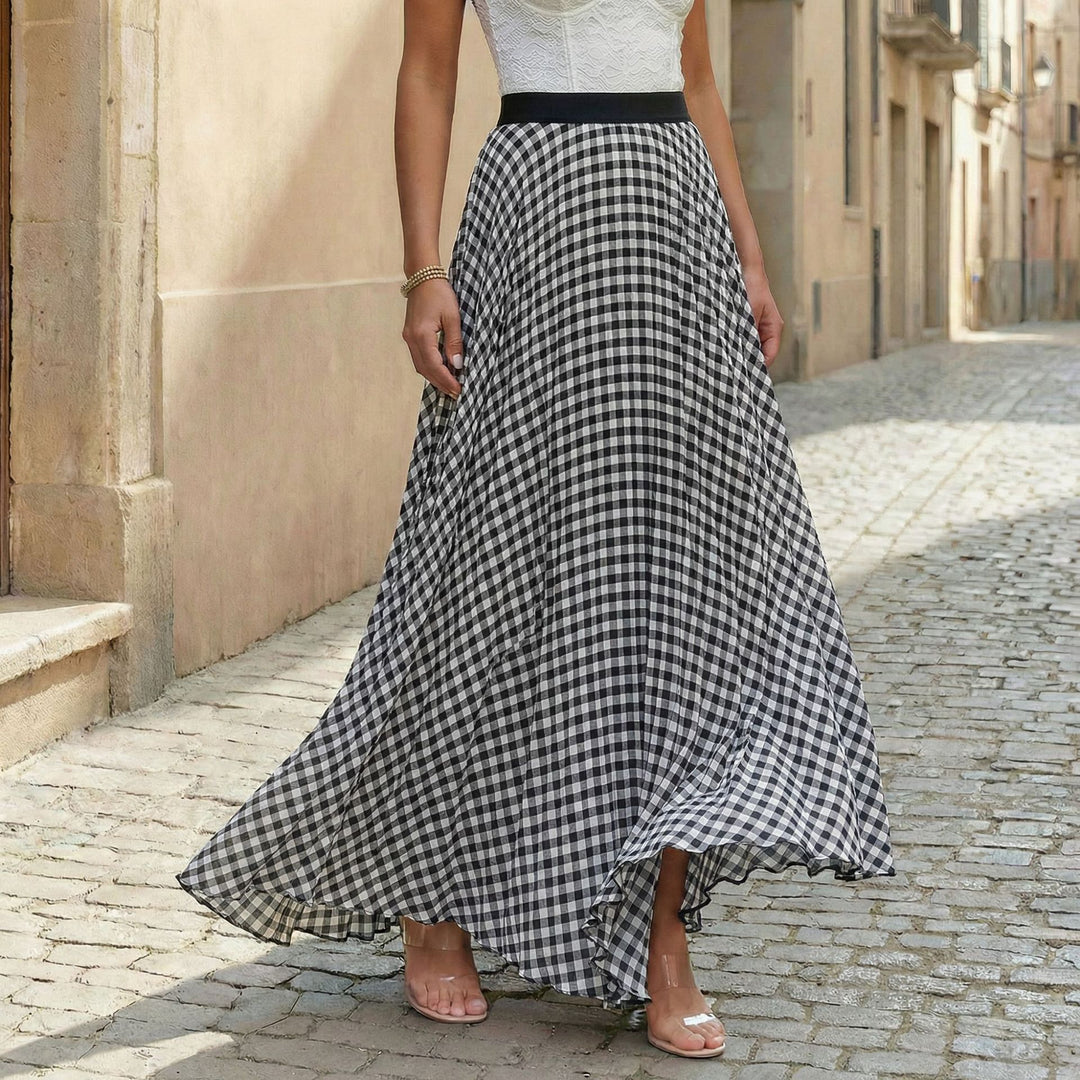 Ladies pleated maxi skirt with Vichy check, high waistband and ruffle trim Mune Fashion