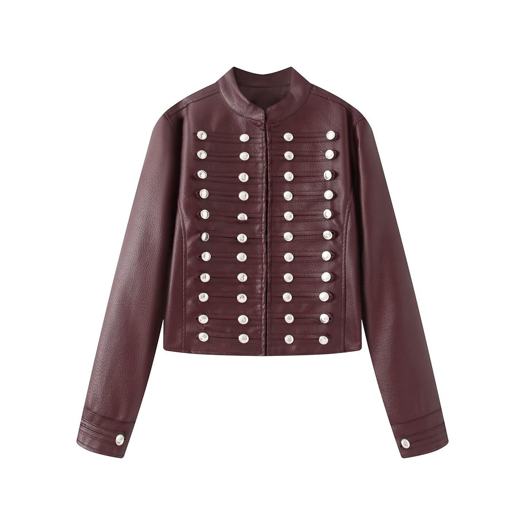 Women's short jacket in hussar style made of faux leather with decorative row buttons Mune Fashion
