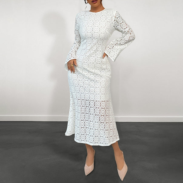 Women's midi dress made of crocheted lace with trumpet sleeves Mune Fashion