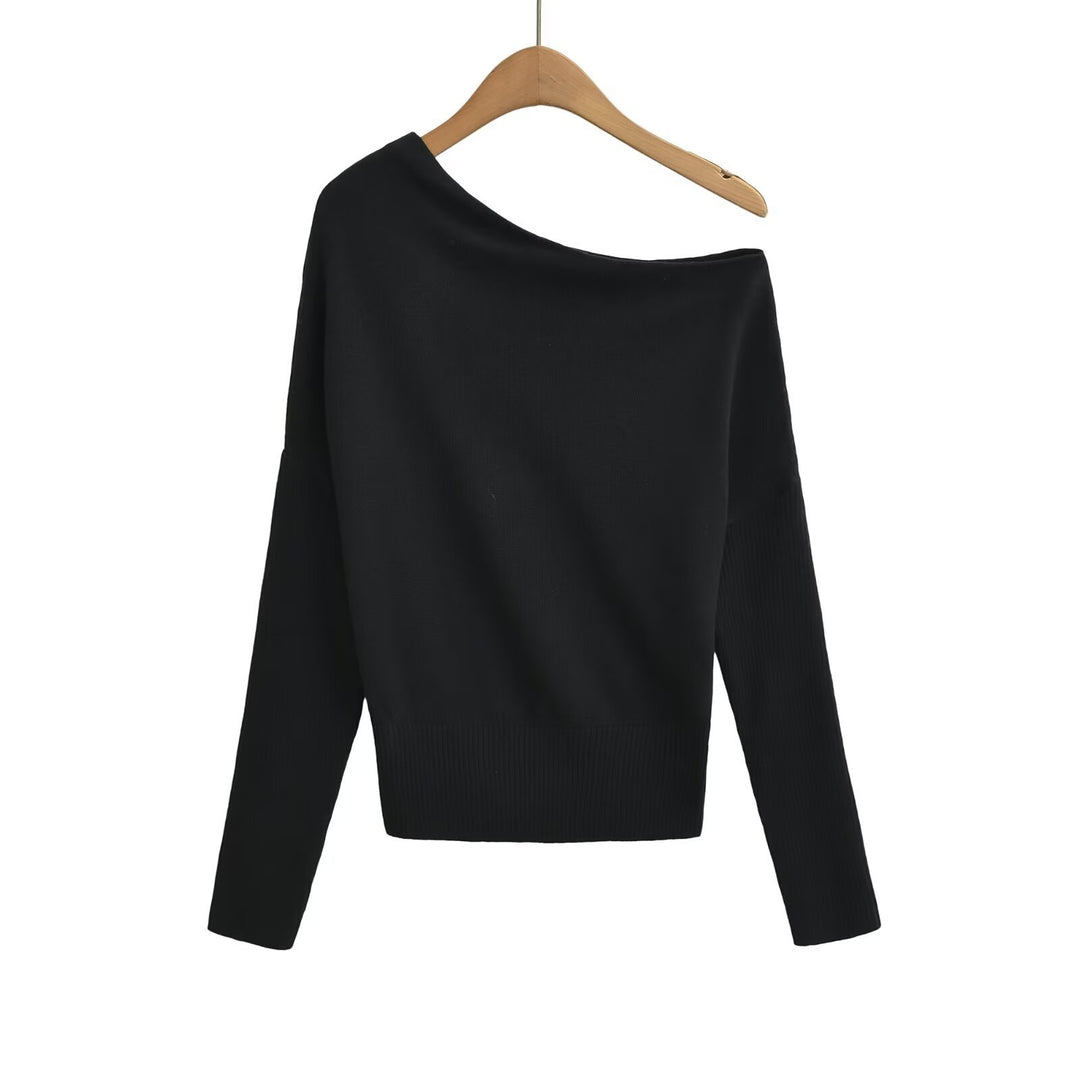 Women's Oversize One-Shoulder Pullover with Batwing Sleeves and Wide Ribbed Cuff Mune Fashion