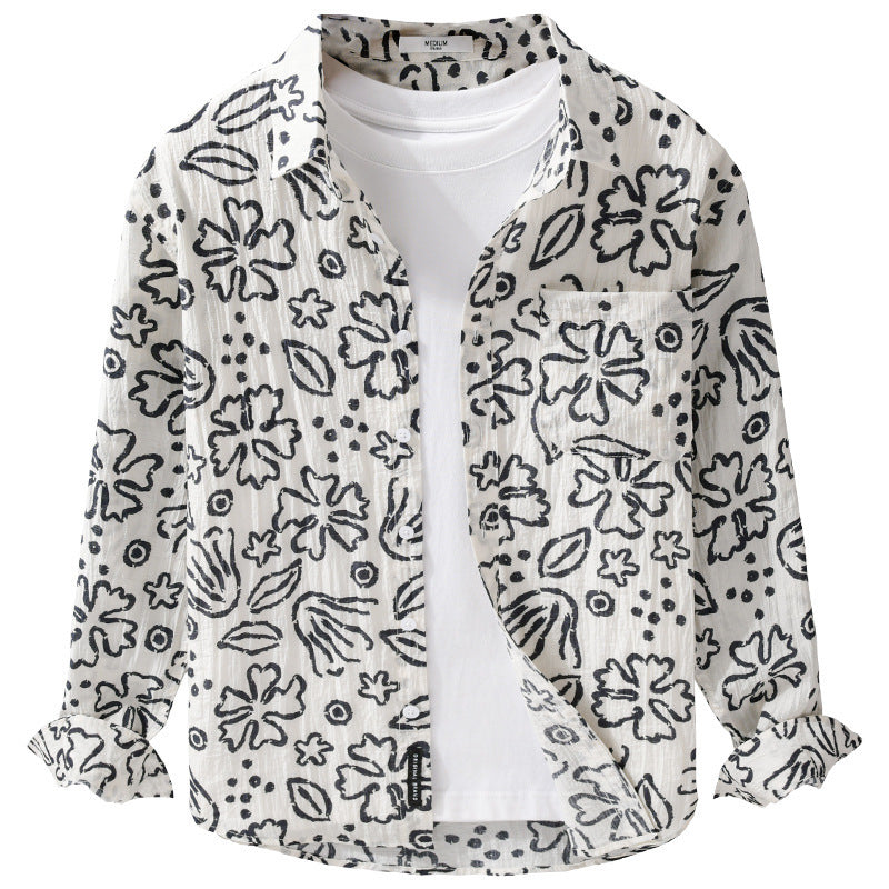 Men's Loose Crinkle Shirt with Hand-Drawn Floral Print and Chest Pocket Mune Fashion