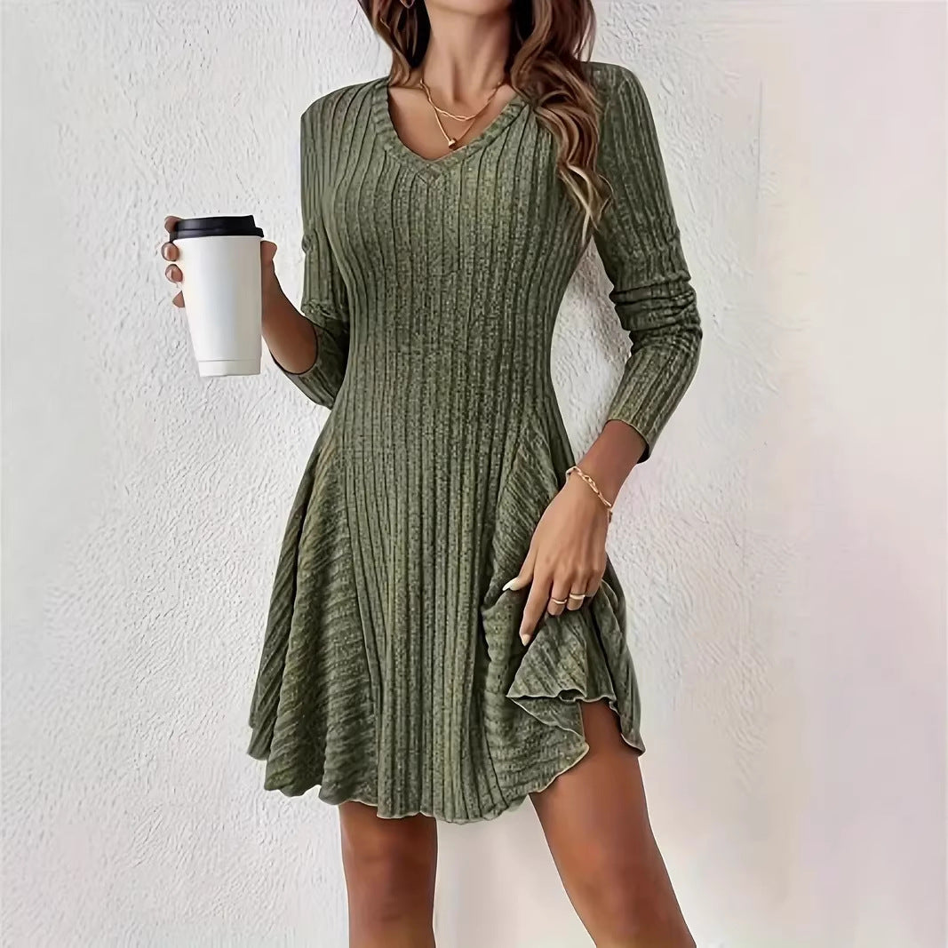 Women's Ribbed V-Neck Mini Dress with Flared Skirt and Patch Pockets Mune Fashion