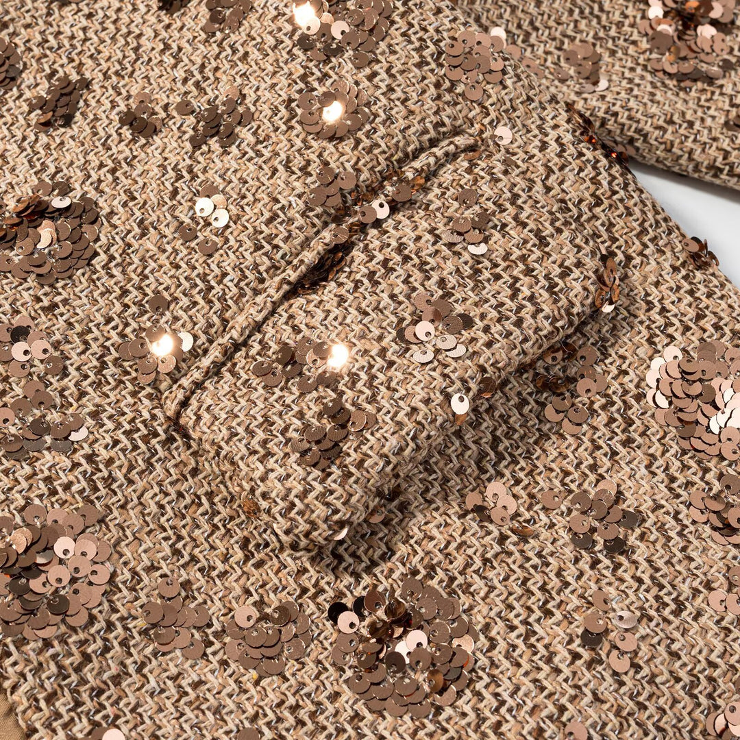 Women's short blazer made of tweed with sequin trim and bow closure Mune Fashion