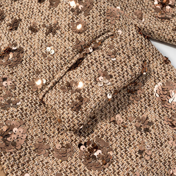 Women's short blazer made of tweed with sequin trim and bow closure Mune Fashion
