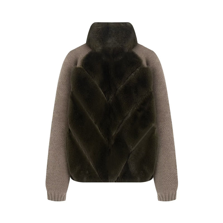 Women's knit pullover jacket with quilted faux fur front and high stand-up collar Mune Fashion