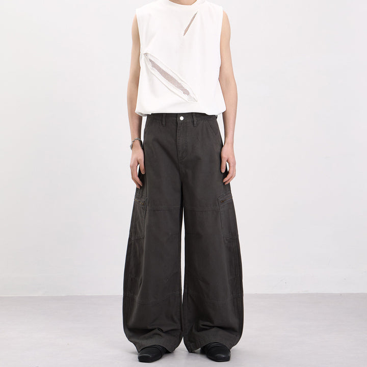 Men's Wide Twill Palazzo Cargo Pants with Drop Crotch, Knee Inserts, and Utility Pockets Mune Fashion