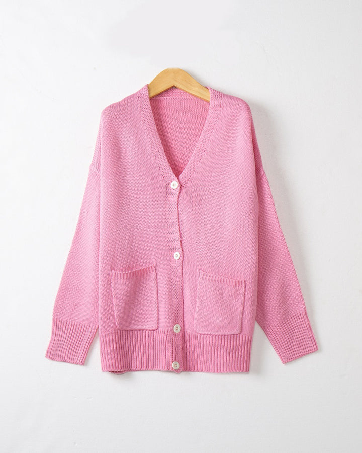 Women Fine Oversize Knit Cardigan with V-Neck, Button Placket and Patch Pockets Mune Fashion