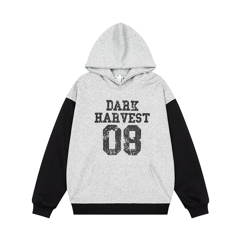 Women's College Style Hoodie Sweatshirt with Contrast Sleeves, Kangaroo Pocket and Vintage Print Mune Fashion