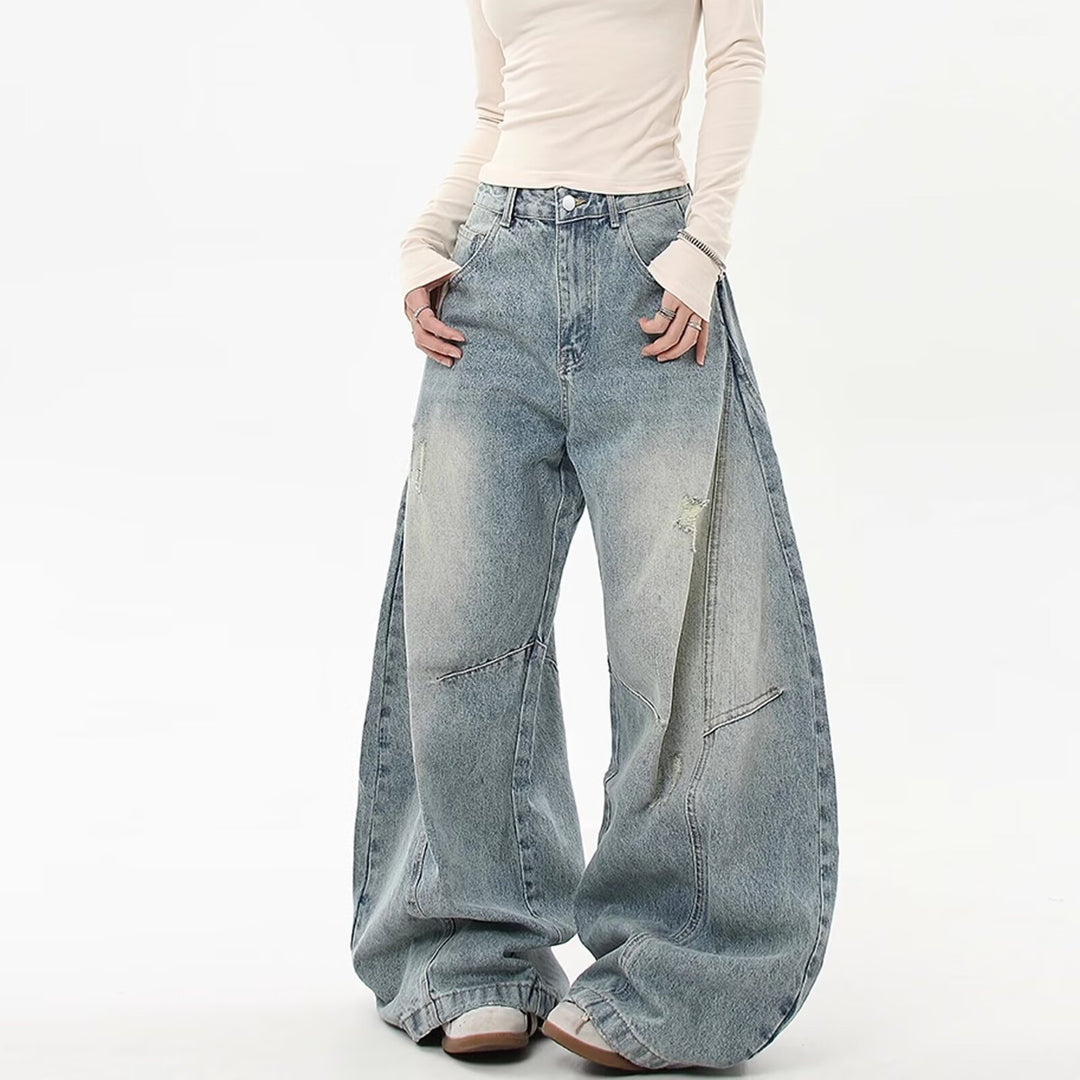 Women Wide-Cut Denim Pants with Tears Mune Fashion