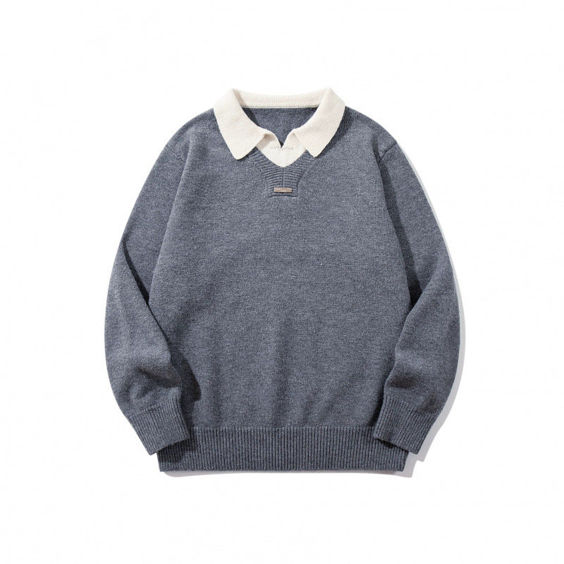 Men's Relaxed Merino-Mix Knit Sweater with Contrasting Polo Collar and V-Detail Mune Fashion