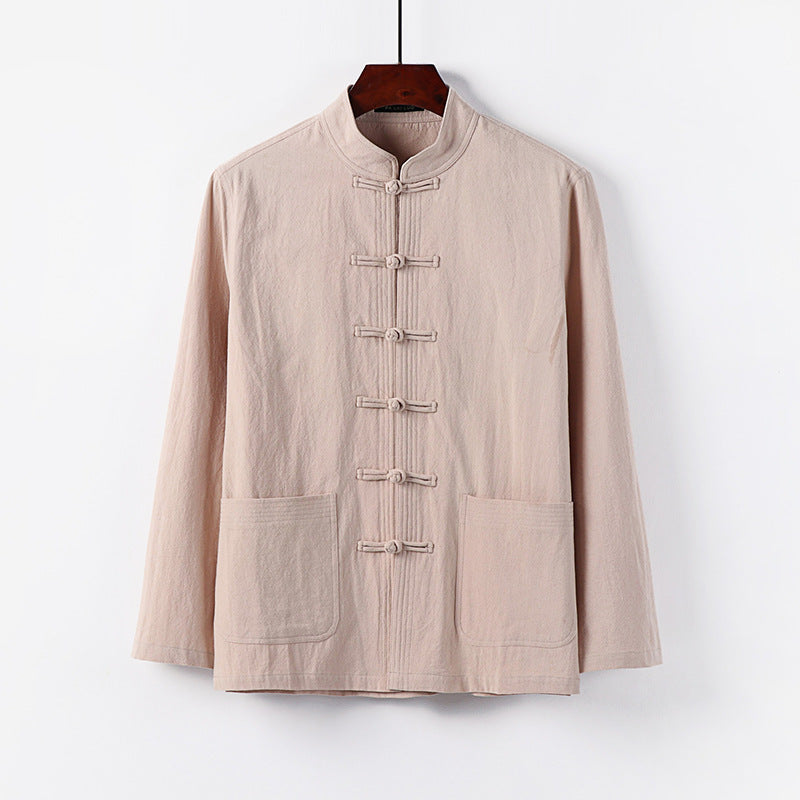 Men's traditional Tang jacket with stand-up collar and knot buttons made of linen blend Mune Fashion
