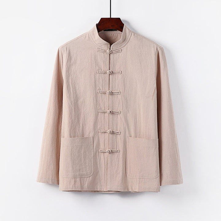 Men's traditional Tang jacket with stand-up collar and knot buttons made of linen blend Mune Fashion