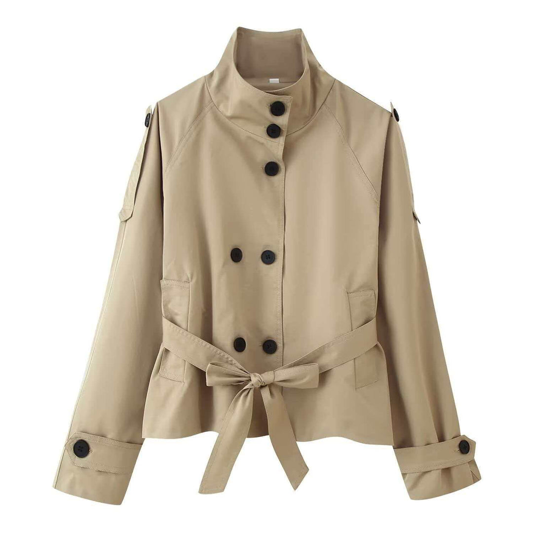 Women's short tailored trench coat with high standing collar, double-breasted button placket, and adjustable tie belt Mune Fashion