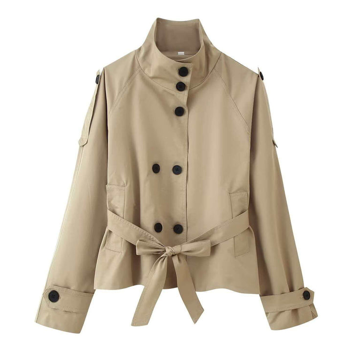 Women's short tailored trench coat with high standing collar, double-breasted button placket, and adjustable tie belt Mune Fashion