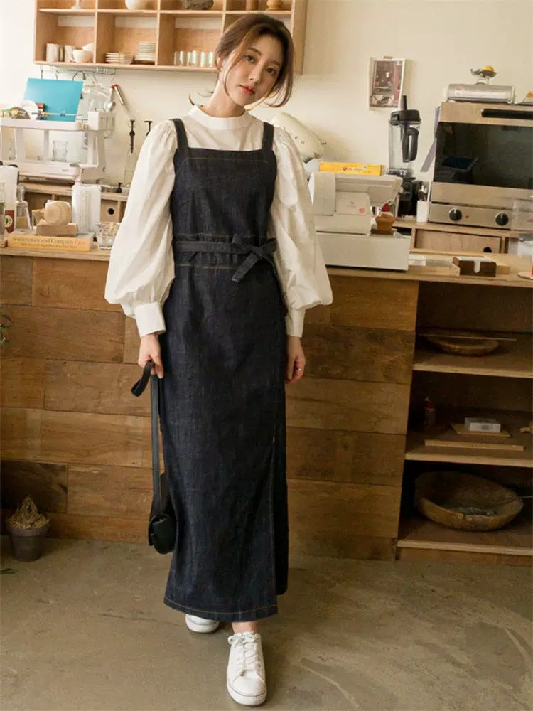 Women's Long Jeans Overall Dress with Square Neckline, Waistband and Front Leg Split Mune Fashion