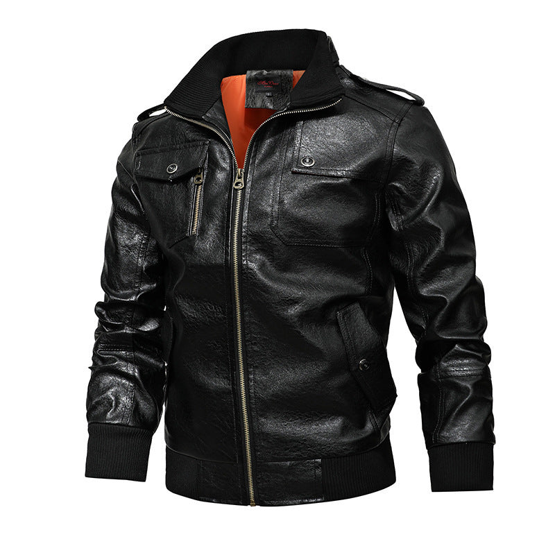 Men's pilot jacket made of synthetic leather with stand-up collar and utility pockets Mune Fashion