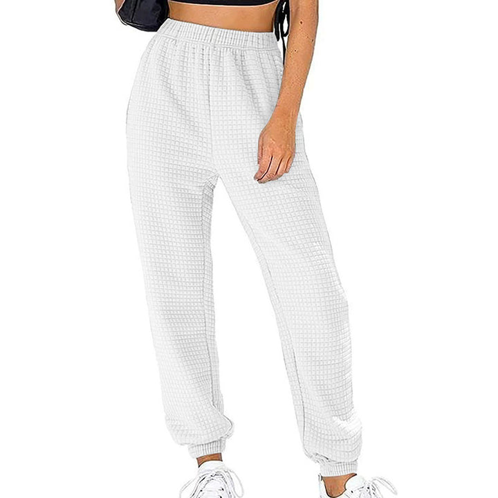 Women Waffle Knit Jogging Pants with High Waist and Elastic Cuffs Mune Fashion
