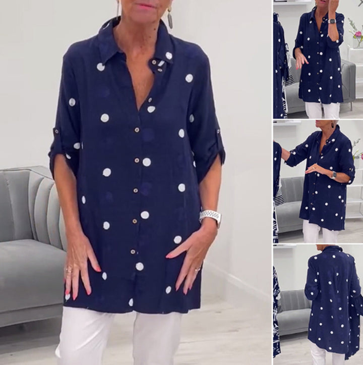 Women's long cut polka dot tunic with shirt collar, continuous button placket and sleeve tabs Mune Fashion
