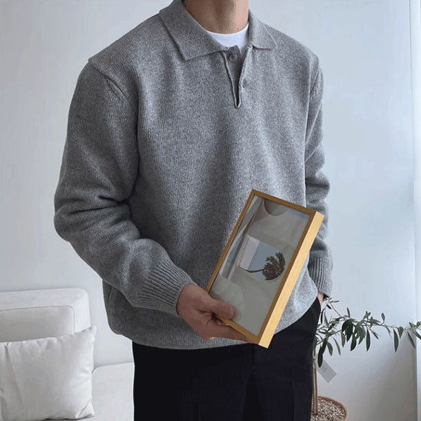 Men's Elegant Knit Sweater with Stand-up Collar and Button Placket Mune Fashion