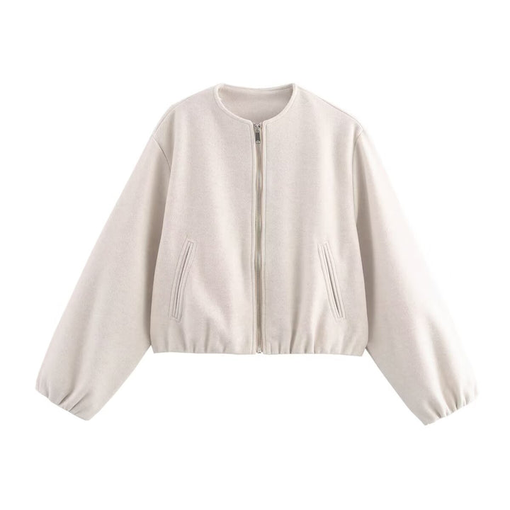 Women's Short Cropped Bomber Jacket in Velour Suede Look with Round Neckline, Zipper and Balloon Sleeves Mune Fashion