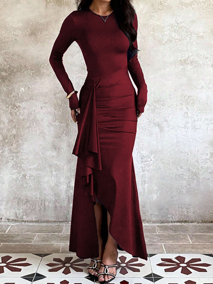 Women's evening dress with long sleeves, ruched waist and asymmetrical ruffle Mune Fashion