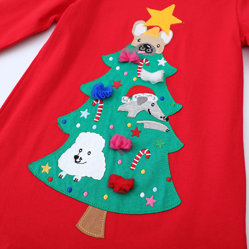 Girl Long Sleeve Dress with Festive Christmas Tree Motif Mune Fashion