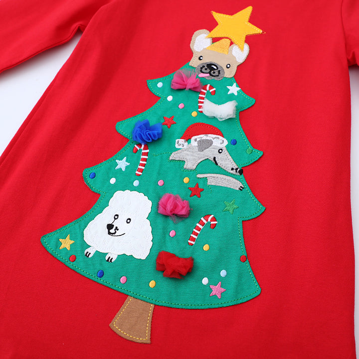 Girl Long Sleeve Dress with Festive Christmas Tree Motif Mune Fashion