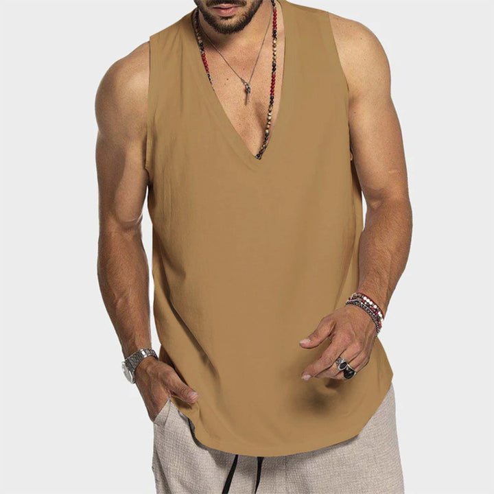 Men's deeply cut sleeveless top with V-neck and relaxed flowing fit Mune Fashion