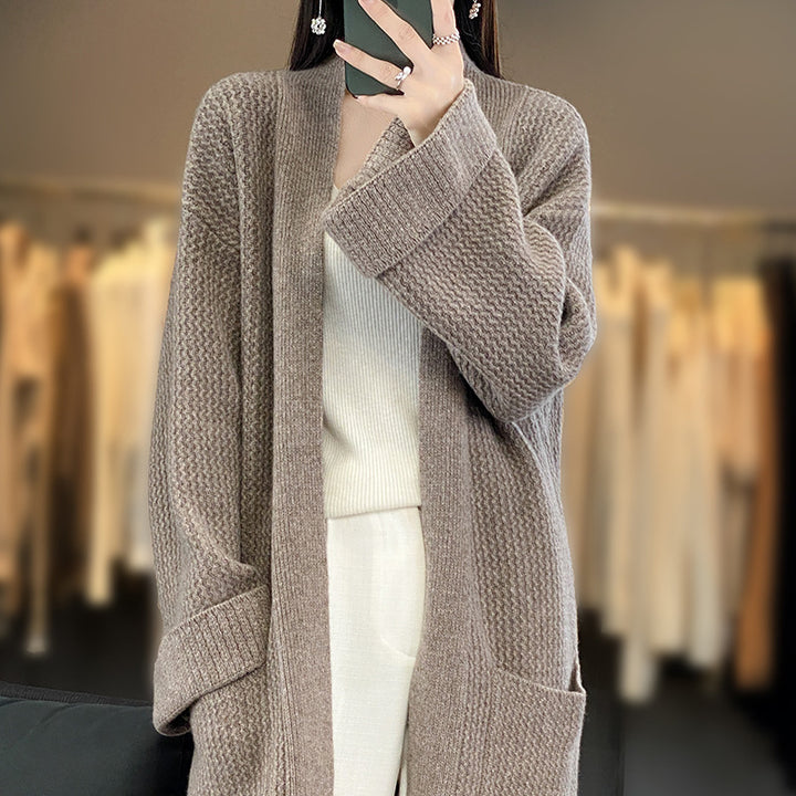 Women Long Oversized Knit Cardigan with Structure Pattern and Insert Pockets Mune Fashion