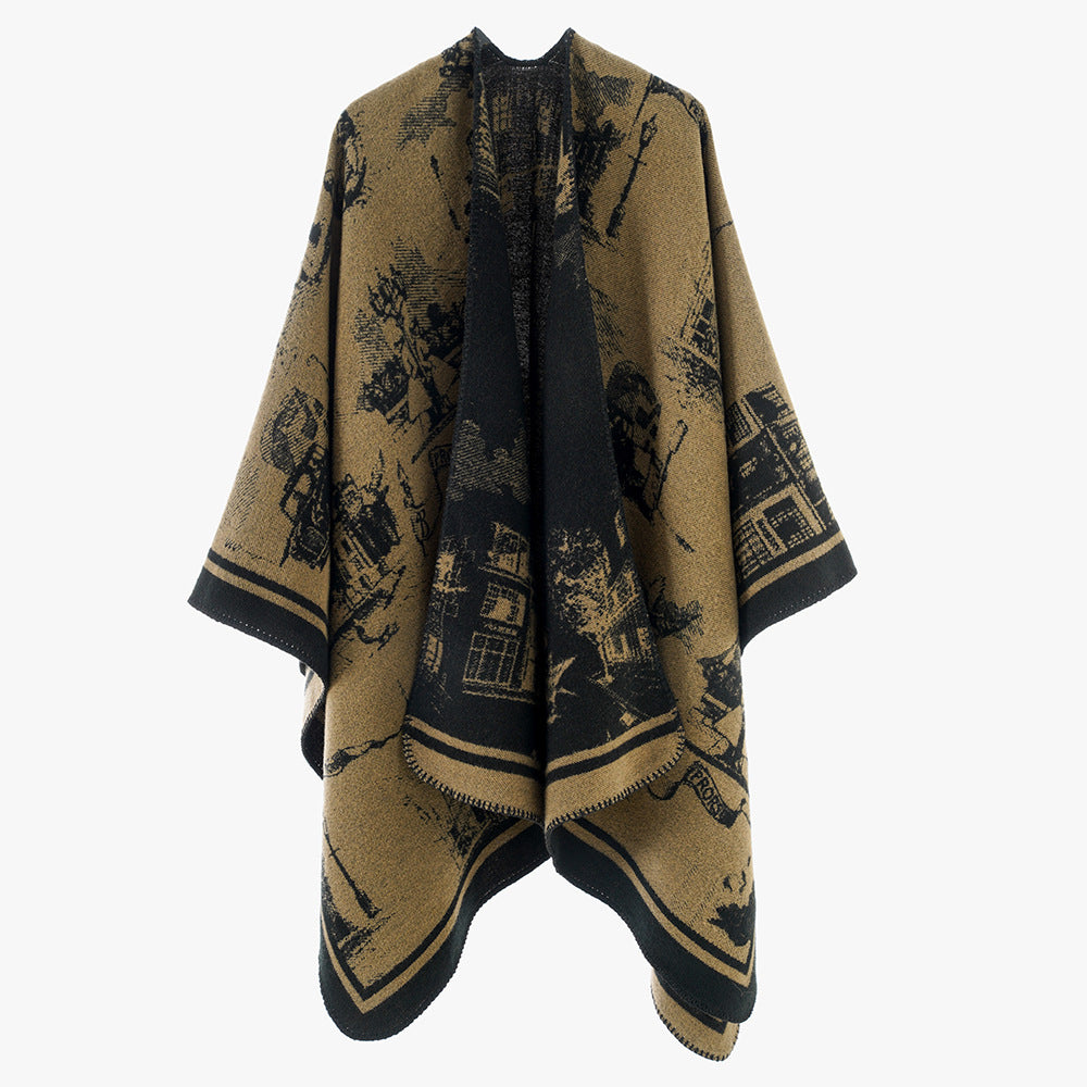 Women two-tone wool-look wrap with jacquard city motif and open waterfall front Mune Fashion