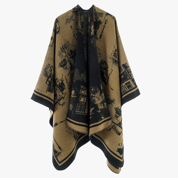 Women two-tone wool-look wrap with jacquard city motif and open waterfall front Mune Fashion