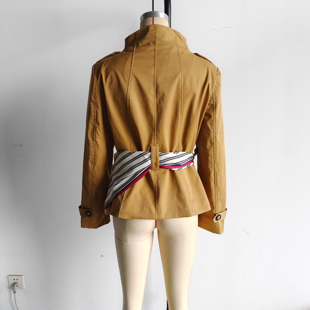Women's nan short tailored double-breasted trench with stand-up collar and silk scarf belt Mune Fashion