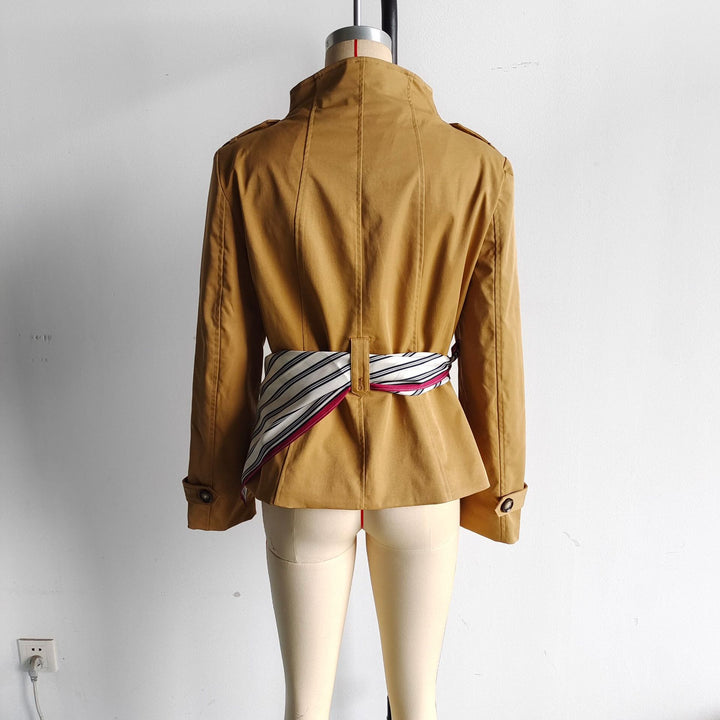 Women's nan short tailored double-breasted trench with stand-up collar and silk scarf belt Mune Fashion