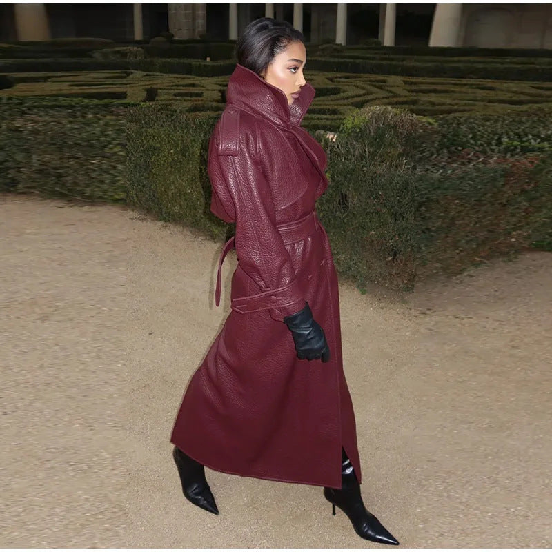 Women's Oversized Faux Leather Trench Coat with High Collar and Removable Belt Mune