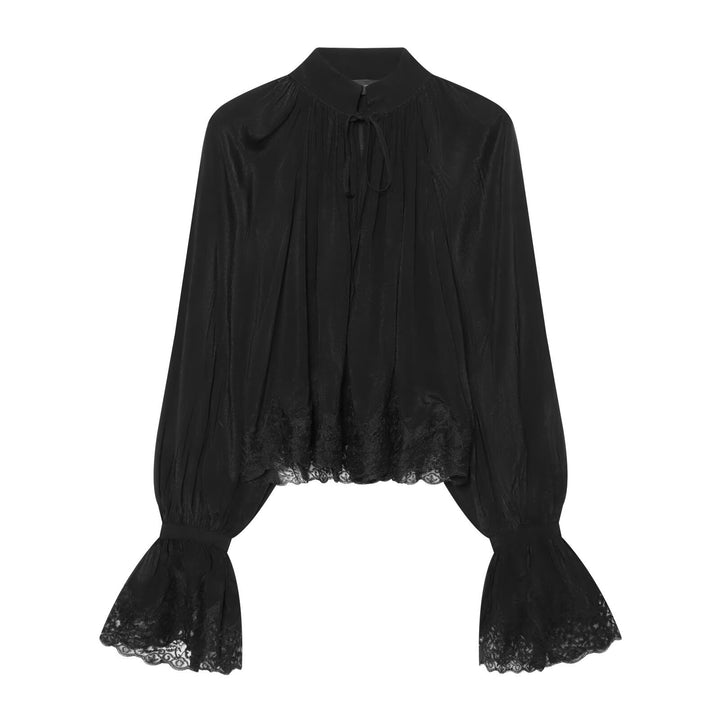 Women's Transparent Blouse with Stand Collar, Ruffle Sleeves and Lace Trim Mune Fashion