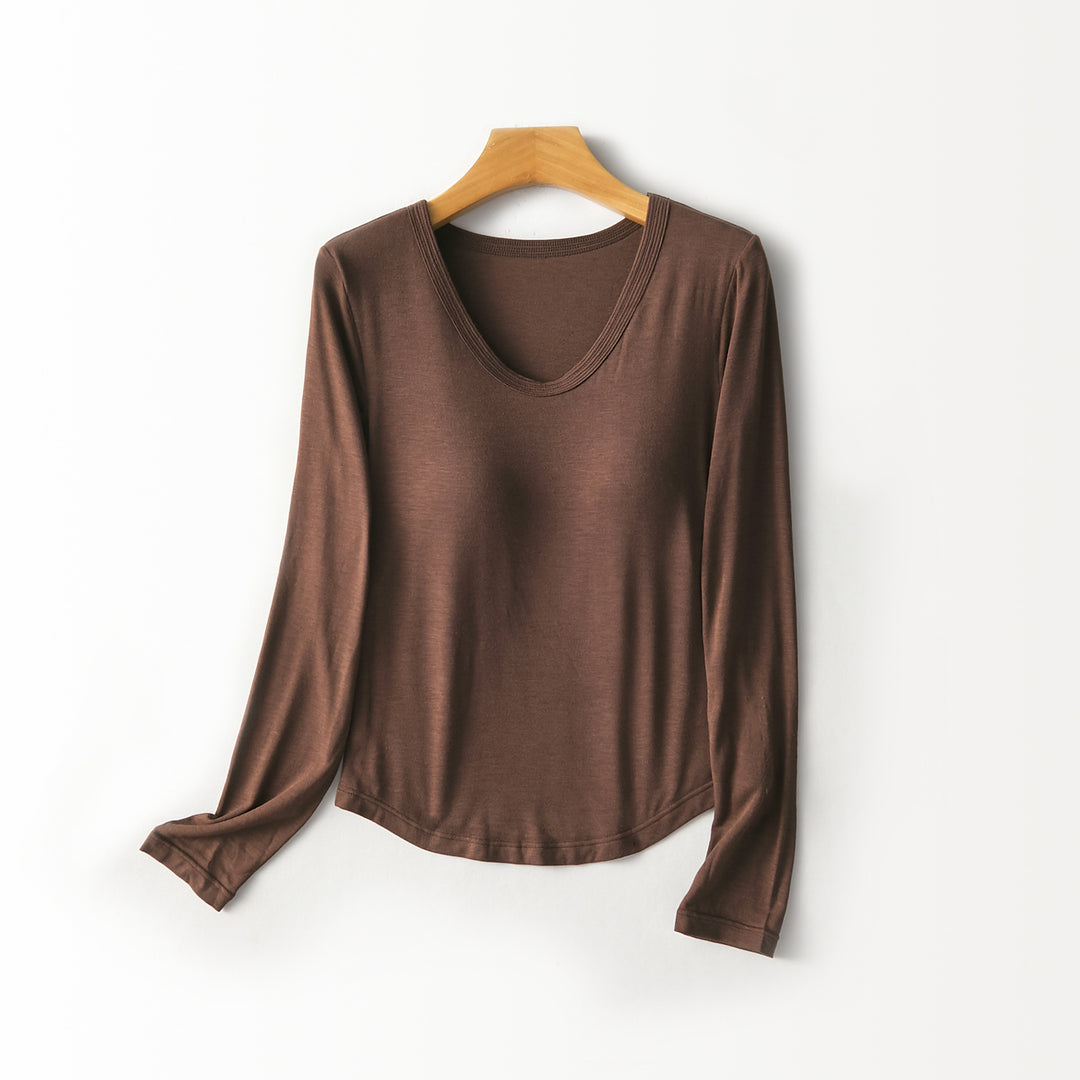 Women Figure-Flattering Long Sleeve Shirt with Deep V-Neck Mune Fashion