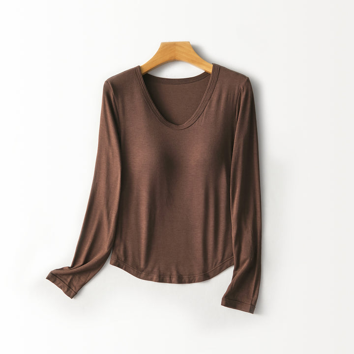 Women Figure-Flattering Long Sleeve Shirt with Deep V-Neck Mune Fashion