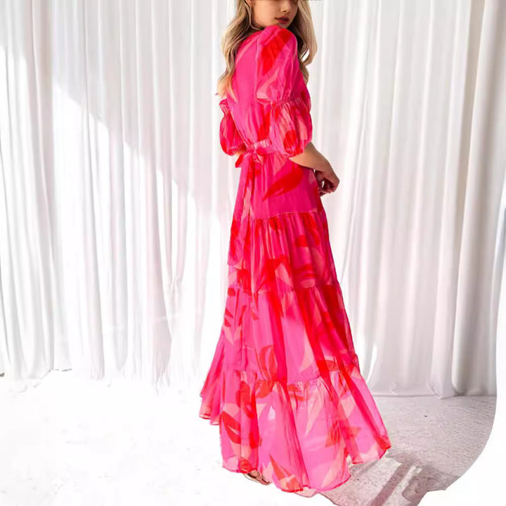 Ladies' flared maxi dress with V-neck, elastic underbust seam, and tiered skirt Mune Fashion