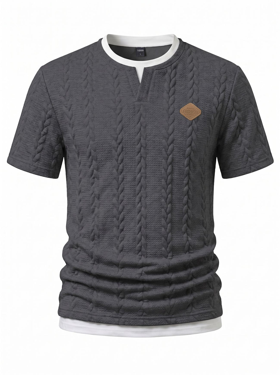 Men's textured short-sleeve shirt with embossed braid structure, V-insert at the round neck and layered look Mune Fashion