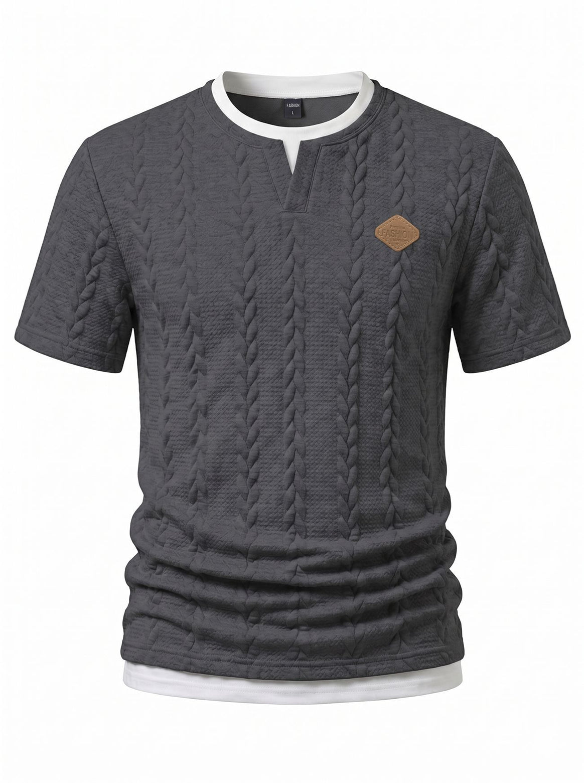 Men's textured short-sleeve shirt with embossed braid structure, V-insert at the round neck and layered look Mune Fashion