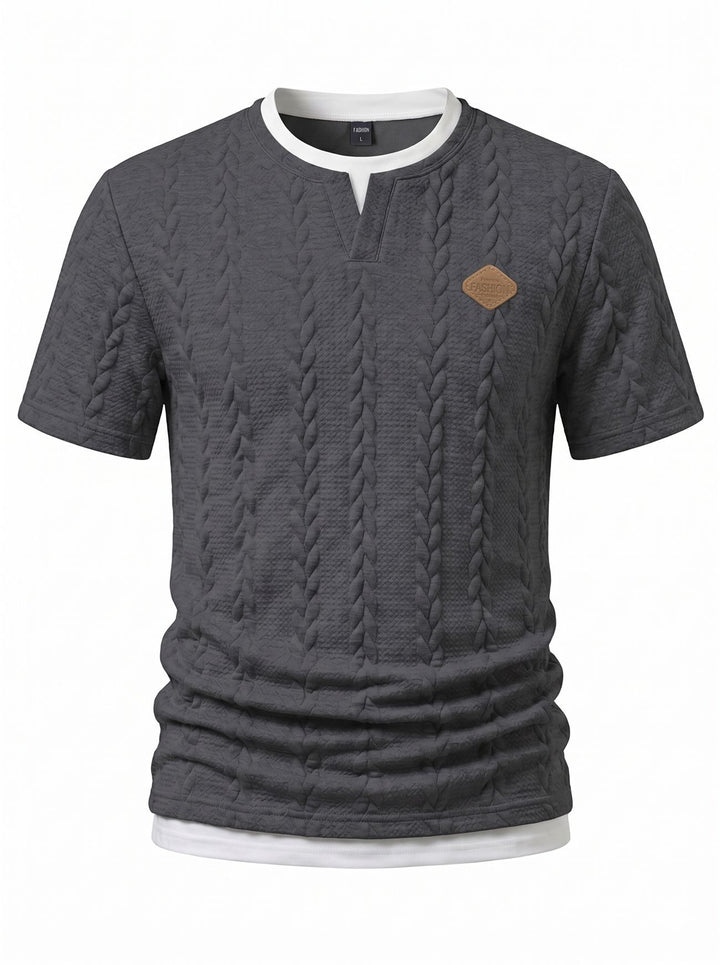 Men's textured short-sleeve shirt with embossed braid structure, V-insert at the round neck and layered look Mune Fashion