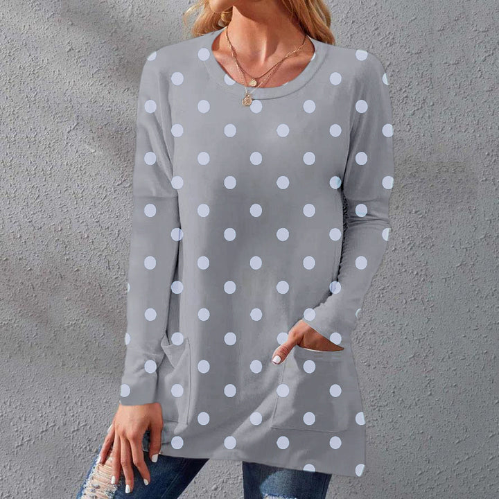 Women's long sleeve tunic with polka dot print and patch pockets Mune Fashion