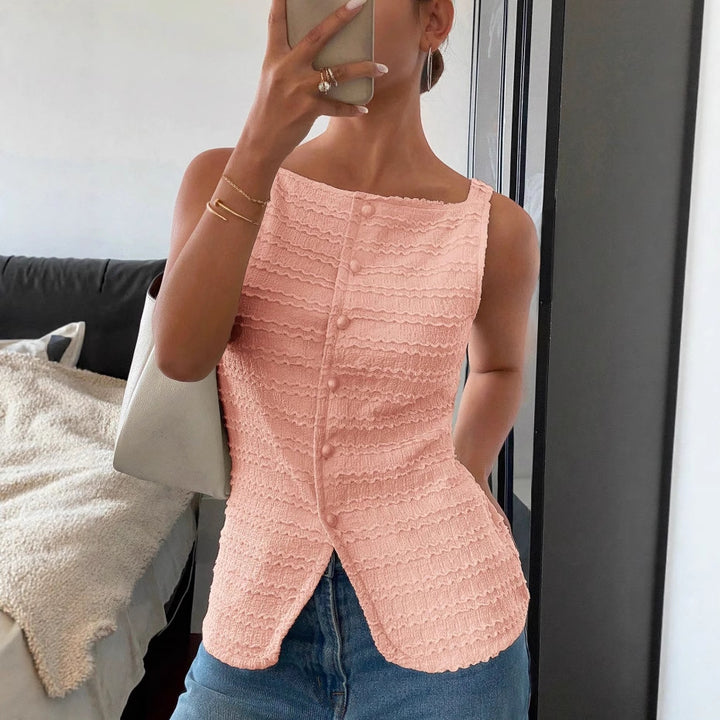 Women's sleeveless structured top with decorative button placket and front slit Mune Fashion