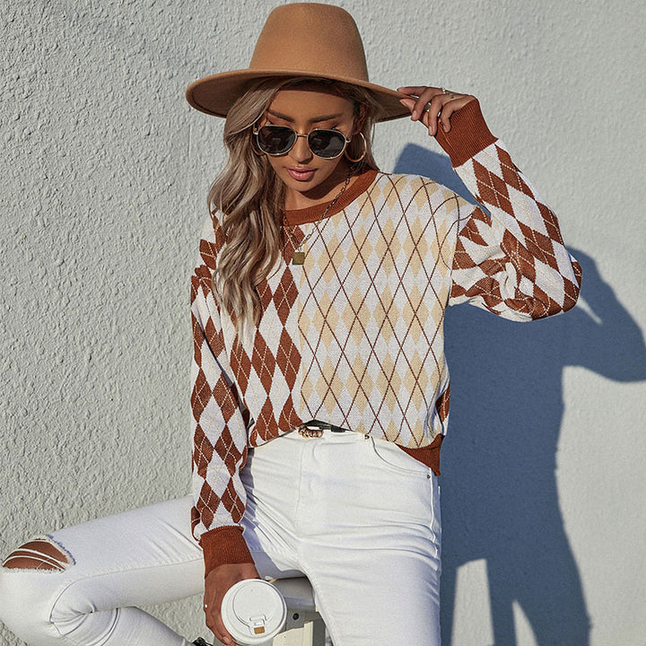 Women’s argyle knit pullover in oversized look with round neck and ribbed cuffs Mune Fashion